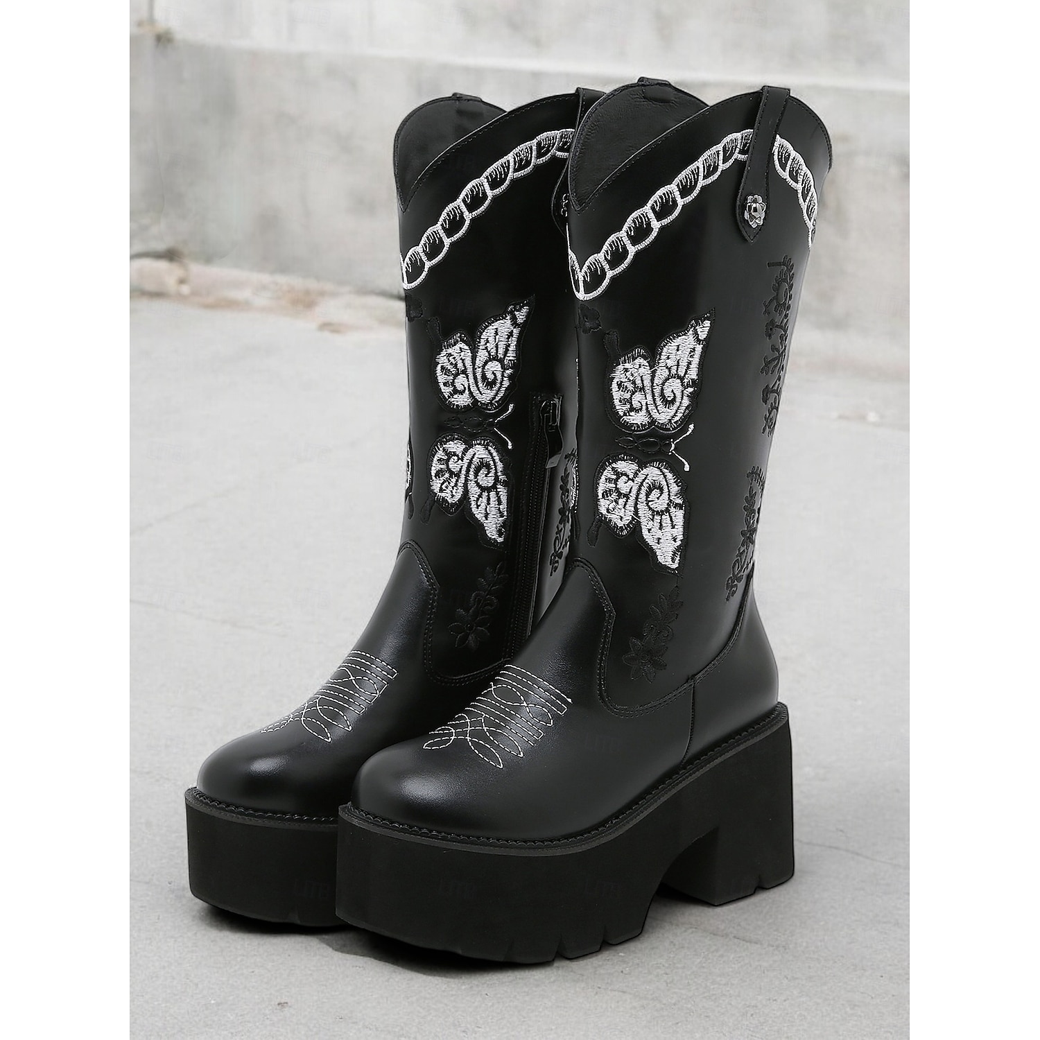 Women's Black Platform Western Cowboy Boots – Embroidered Butterfly Design with Chunky Heel and Side Zipper for Vintage and Modern Styling 2025