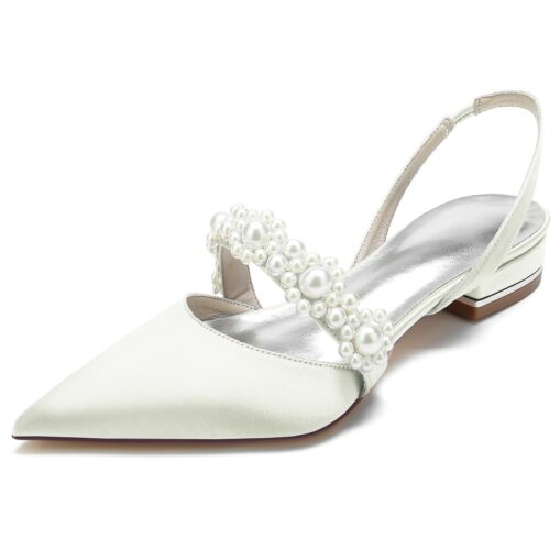 Elegant White Satin Women's Dress Shoes with Pearl Embellishments: Perfect Low Heel Sandals for Weddings and Special Occasions 2025