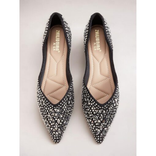 Women's Black Rhinestone-Embellished Flats – Pointed-Toe Slip-On Shoes for Evening and Special Occasions 2025