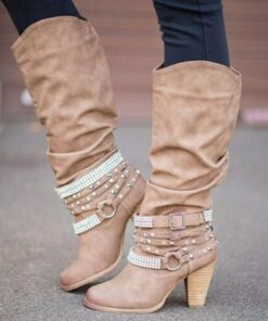 Women's Beige Slouchy Knee-High Boots with Buckle and Stud Accents, Vintage Western Style for Fall and Winter Casual Wear 2025