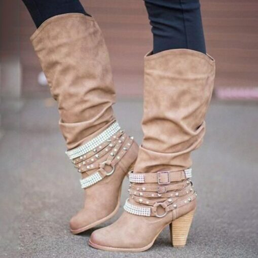 Women's Beige Slouchy Knee-High Boots with Buckle and Stud Accents, Vintage Western Style for Fall and Winter Casual Wear 2025