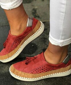 Women's Casual Red Tassel Slip-On Sneakers with Breathable Mesh and Cork Detail for Everyday Comfort 2025