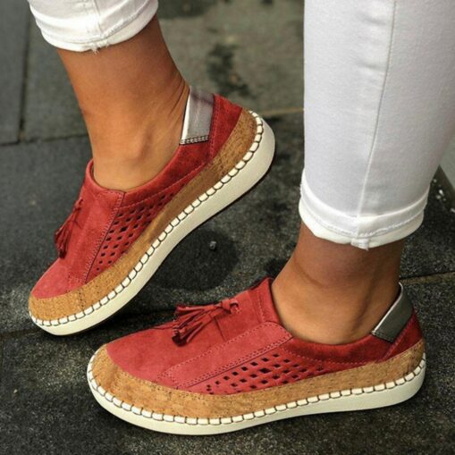 Women's Casual Red Tassel Slip-On Sneakers with Breathable Mesh and Cork Detail for Everyday Comfort 2025