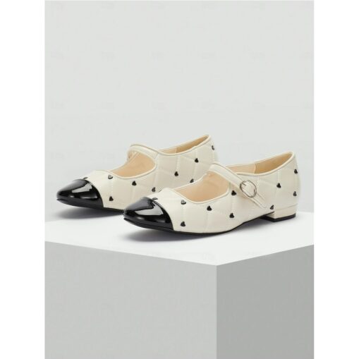 Women's Quilted Mary Jane Flats with Heart Accents - Black and White Patent Leather Shoes for Casual and Formal Events 2025