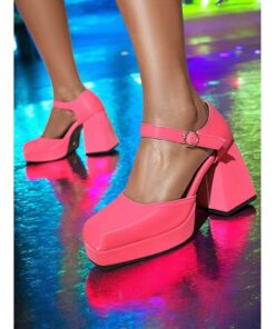 Women's 1980s Pink Platform Heels with Square Toe and Ankle Strap – Bold and Stylish Footwear for Parties, Night Outs, and Trendy Events 2025