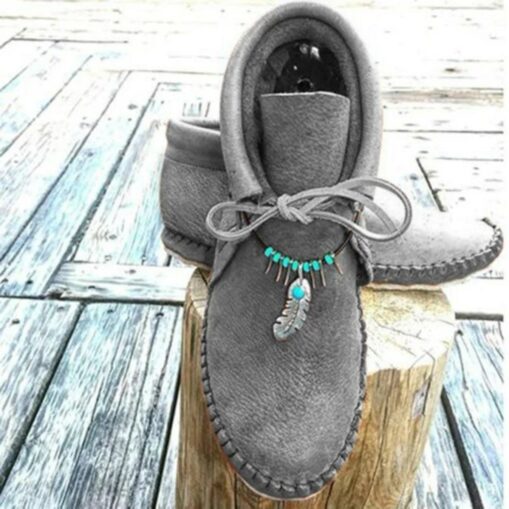 Women's Faux Leather Moccasin Ankle Boots with Feather and Bead Detail, Comfortable Slip-On Casual Shoes for Outdoor and Everyday Wear 2025 - Image 5