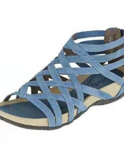 Women's Gladiator Style Flat Sandals - Strappy Open-Toe Summer Shoes in Denim Blue 2025