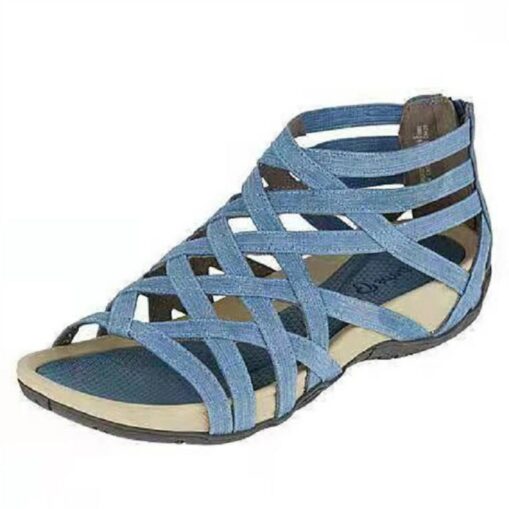 Women's Gladiator Style Flat Sandals - Strappy Open-Toe Summer Shoes in Denim Blue 2025