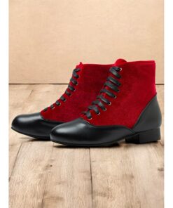 Women's Victorian Red and Black Lace-Up Ankle Boots with Suede and Leather Contrast - Vintage-Inspired Flat Heel Shoes for Cosplay and Formal Events 2
