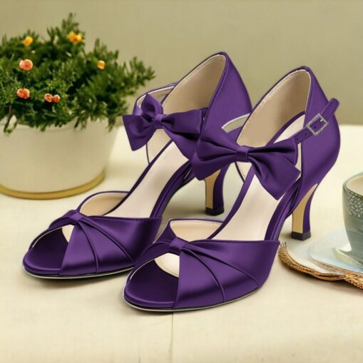 Women's Heels Wedding Shoes Dress Shoes Wedding Party Wedding Sandals Bowknot Kitten Heel Stiletto Round Toe Peep Toe Elegant Satin Black White Dark P - Image 5
