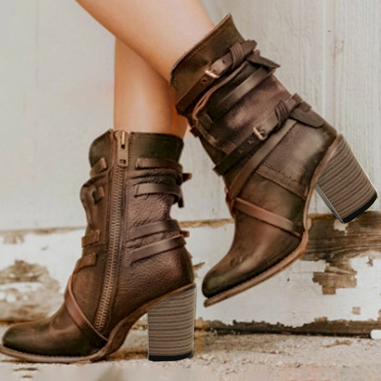 Women's Black Faux Leather Ankle Boots with Zipper and Strap Detailing, Stylish Mid-Heel Boots for Casual and Western Wear 2025 - Image 2