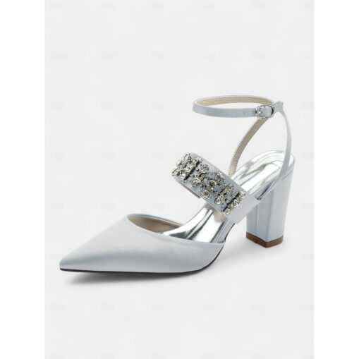 Women's Black Satin Pointed Toe Heels – Rhinestone Embellished Ankle Strap Chunky Heels for Evening Parties and Weddings 2025 - Image 9