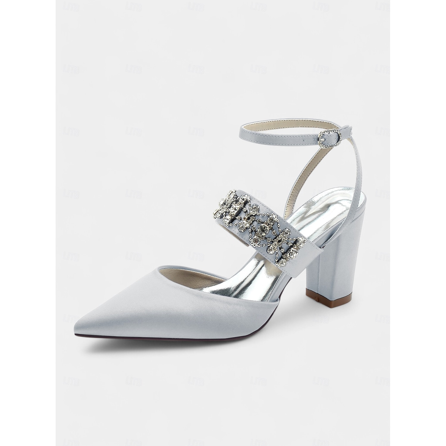 Women's Black Satin Pointed Toe Heels – Rhinestone Embellished Ankle Strap Chunky Heels for Evening Parties and Weddings 2025 - Image 9