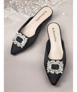 Women's Black Satin Pointed-Toe Mules with Rhinestone Buckle - Elegant Slip-On Flats for Evening and Formal Occasions 2025