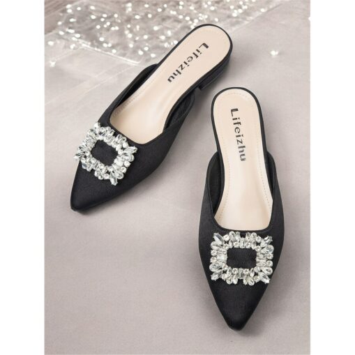Women's Black Satin Pointed-Toe Mules with Rhinestone Buckle - Elegant Slip-On Flats for Evening and Formal Occasions 2025