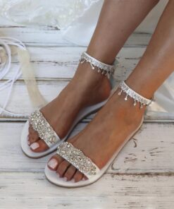 Women's Wedding Shoes Bridal Bridesmaid Flat Sandals Elegant Minimalism Solid Color Bling Sparkling Rhinestone Flat Heel Open Toe Faux Leather Ankle S