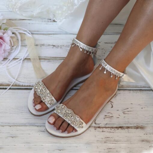 Women's Wedding Shoes Bridal Bridesmaid Flat Sandals Elegant Minimalism Solid Color Bling Sparkling Rhinestone Flat Heel Open Toe Faux Leather Ankle S