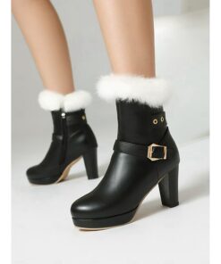 Women's Black Platform Ankle Boots with Faux Fur Cuff, Buckle Detail, and High Block Heels - Stylish Winter Footwear for Parties and Casual Wear 2025