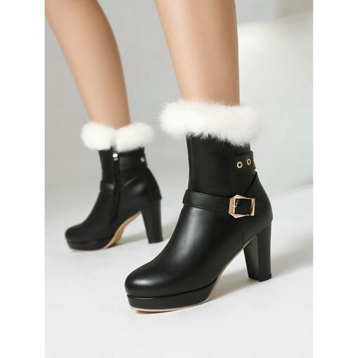 Women's Black Platform Ankle Boots with Faux Fur Cuff, Buckle Detail, and High Block Heels - Stylish Winter Footwear for Parties and Casual Wear 2025