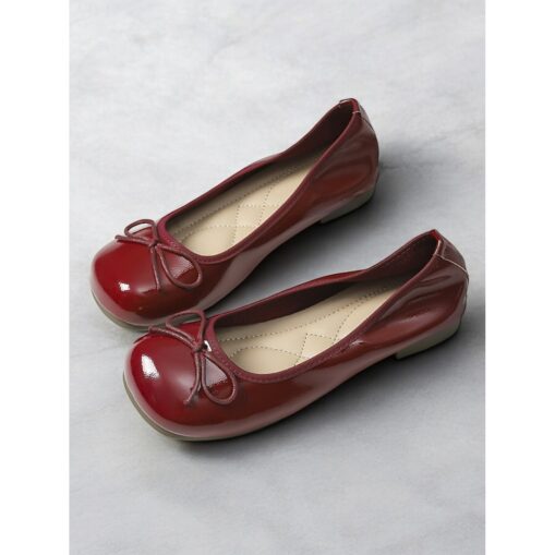 Women's Red Patent Leather Ballet Flats - Classic Round Toe Slip-On Shoes with Bow Detail for Casual and Office Wear 2025