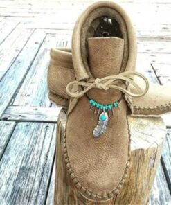 Women's Faux Leather Moccasin Ankle Boots with Feather and Bead Detail, Comfortable Slip-On Casual Shoes for Outdoor and Everyday Wear 2025