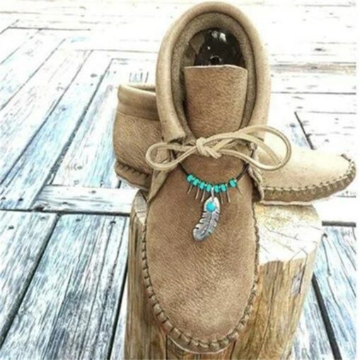 Women's Faux Leather Moccasin Ankle Boots with Feather and Bead Detail, Comfortable Slip-On Casual Shoes for Outdoor and Everyday Wear 2025