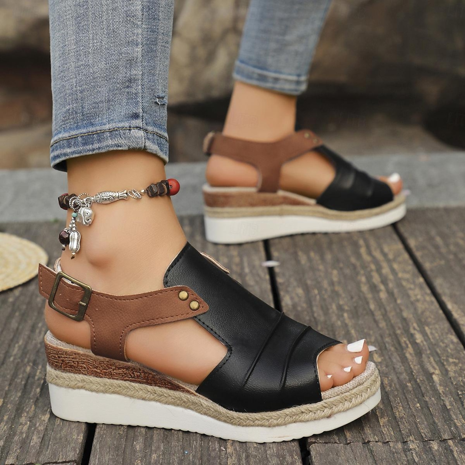 Women's Wedge Sandals Leather Slingback Sandals T-Bar Diamante Lightweight Sandals Summer Walking Shoe Open Toe Sandals Touch Fasten Sandal Brown Blac - Image 3
