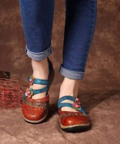 Women's Vintage Floral Faux Leather Shoes – Boho Style, Comfortable Floral Embellished Flats for Casual Wear 2025