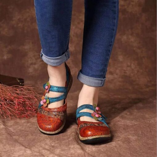 Women's Vintage Floral Faux Leather Shoes – Boho Style, Comfortable Floral Embellished Flats for Casual Wear 2025