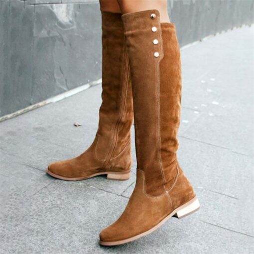 Women's Beige Suede Knee-High Boots with Button Detail - Stylish Footwear for Casual Outings and Autumn Fashion 2025 - Image 2