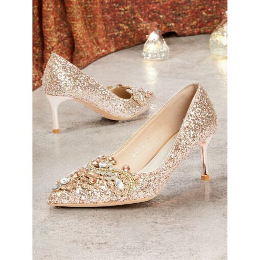 Women's Gold Glitter Stiletto Heels with Embellished Rhinestones – Elegant Wedding and Evening Party Shoes 2025
