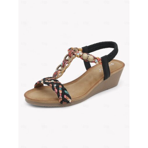 Women's Boho Wedge Sandals with Braided Straps and Beaded T-Strap Design – Stylish Open-Toe Shoes for Summer, Beach, and Casual Wear 2025 - Image 3
