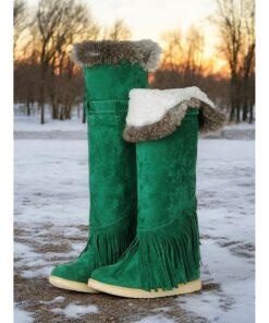 Women's Green Suede Moccasin Winter Boots with Fur Lining and Fringe Detail – Cozy Knee-High Snow Boots for Cold Weather 2025