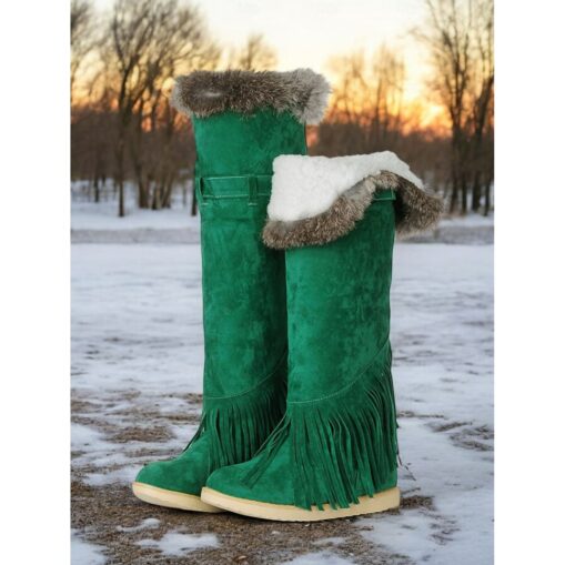 Women's Green Suede Moccasin Winter Boots with Fur Lining and Fringe Detail – Cozy Knee-High Snow Boots for Cold Weather 2025