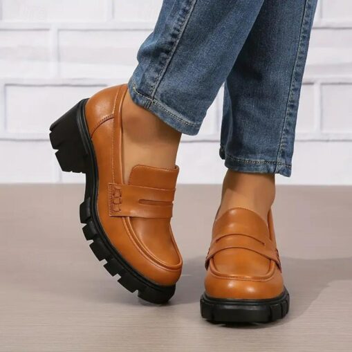 Women's Chunky Heeled Loafers Solid Color Round Toe PU Leather Shoes Versatile Platform Shoes 2025 - Image 2