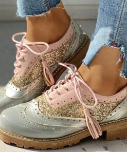 Women's Pink and Gray Glitter Wingtip Oxford Shoes with Chunky Sole - Stylish Lace-Up Brogues for Casual and Statement Outfits 2025