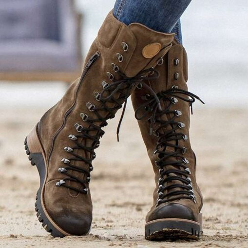 Women's Navy Suede Lace-Up Combat Boots with Side Zipper and Rugged Sole - Stylish High-Cut Boots for Winter and Outdoor Adventures 2025 - Image 2