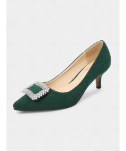 Women's Green Suede Kitten Heel Pumps with Rhinestone Buckle – Chic Pointed-Toe Dress Shoes for Formal Events and Special Occasions 2025
