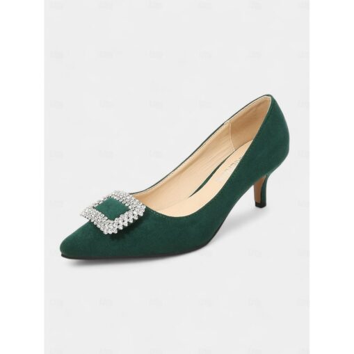 Women's Green Suede Kitten Heel Pumps with Rhinestone Buckle – Chic Pointed-Toe Dress Shoes for Formal Events and Special Occasions 2025
