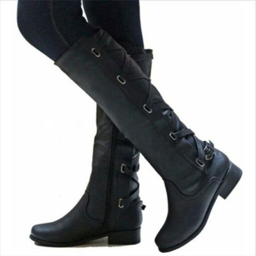 Women's Black Motorcycle Boots with Side Lace-Up and Buckle Detail - Stylish High Knee Riding Boots 2025 - Image 2