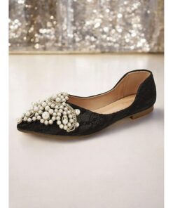 Women's Black Lace Flats with Pearl Embellishments and Pointed Toe - Elegant Dress Shoes for Weddings and Special Occasions 2025