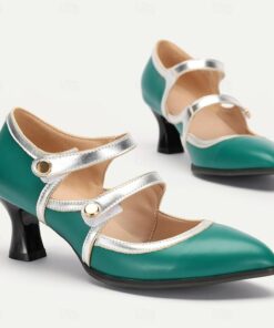 Women's Vintage Mary Jane Heels - Elegant Green and Silver Mid-Heel Dress Shoes with Double Straps for Oktoberfest, Parties and Formal Events 2025
