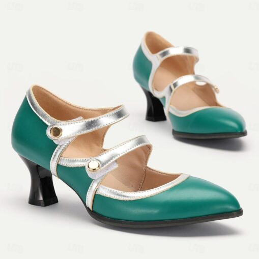 Women's Vintage Mary Jane Heels - Elegant Green and Silver Mid-Heel Dress Shoes with Double Straps for Oktoberfest, Parties and Formal Events 2025