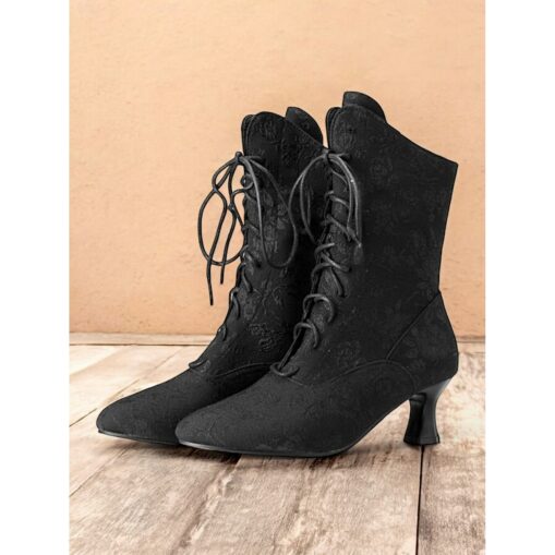 Women's Vintage Floral Lace-Up Ankle Boots with Mid Heel – Elegant Jacquard Boots for Retro Style and Special Occasions 2025 - Image 3