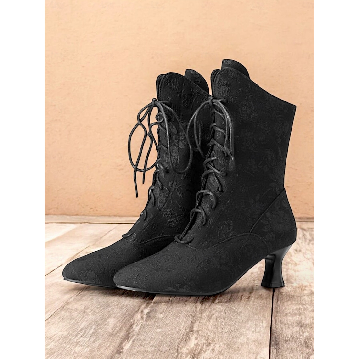 Women's Vintage Floral Lace-Up Ankle Boots with Mid Heel – Elegant Jacquard Boots for Retro Style and Special Occasions 2025 - Image 3