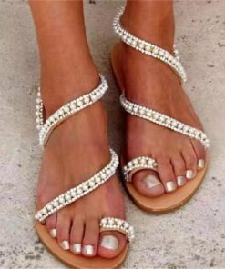 Women's Pearl-Embellished Strappy Flat Sandals – Elegant Summer Beach Sandals for Weddings and Special Occasions 2025