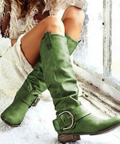 Women's Green Faux Leather Slouchy Western Boots with Buckle Detail - Knee-High Cowboy Style Boots for Casual and Boho Chic Outfits 2025