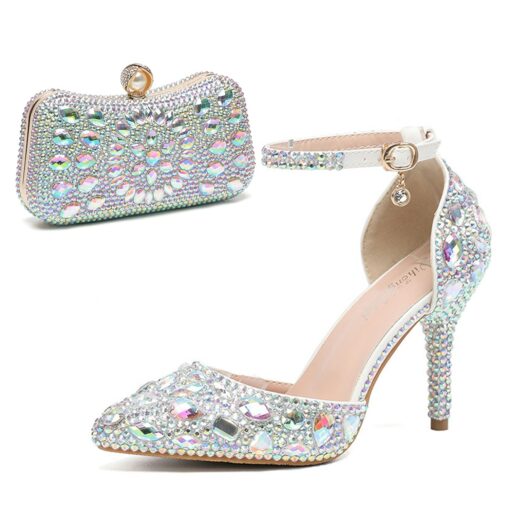 Women's Multicolor Rhinestone Wedding High Heel Shoes with Matching Clutch Bag 2025 - Image 2