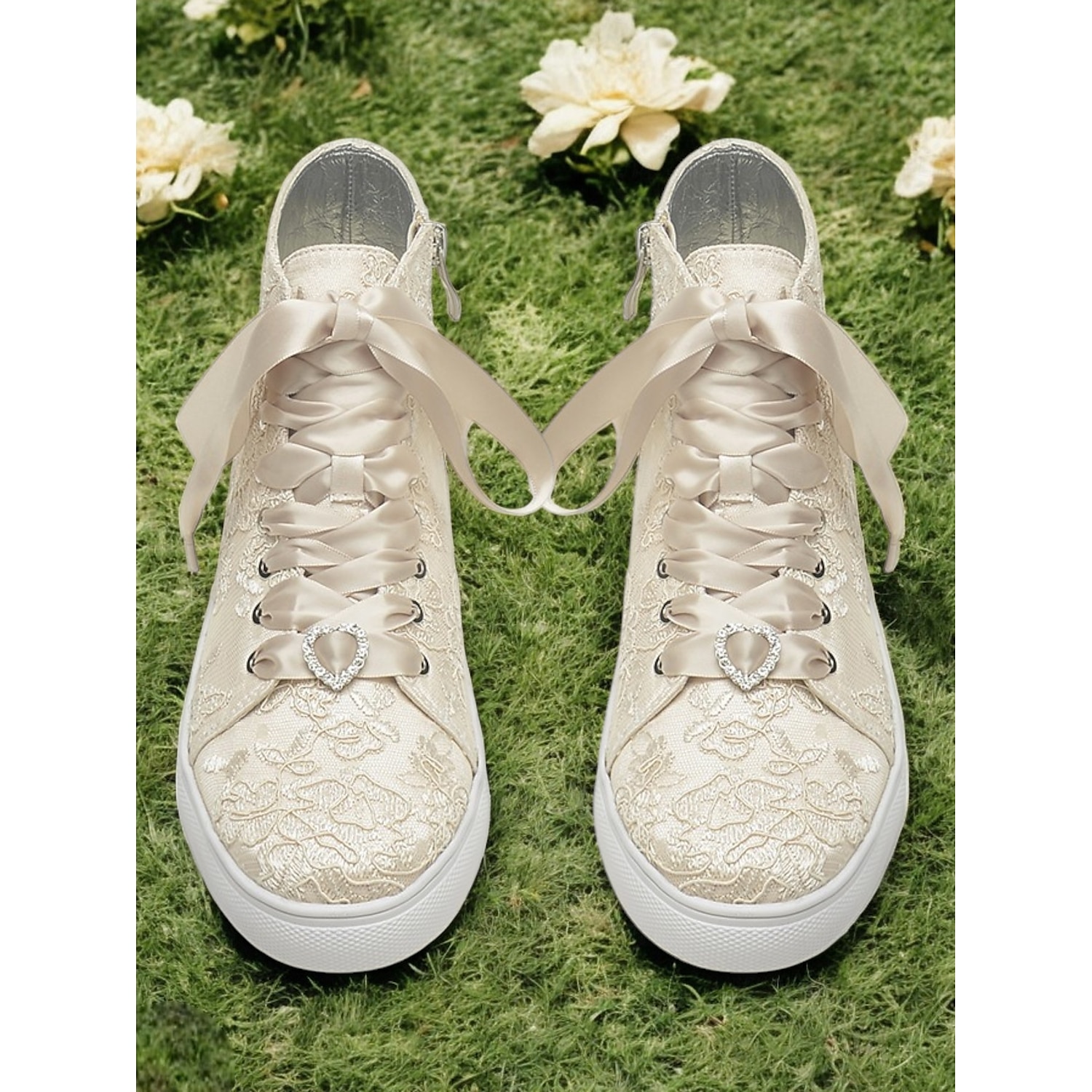 Women's Ivory Lace Wedding Sneakers with Satin Ribbon Laces and Rhinestone Heart Charm – Comfortable Bridal Shoes for Weddings 2025 - Image 5