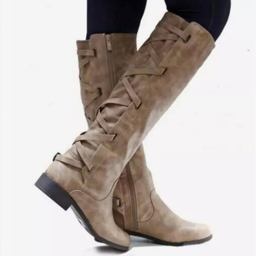 Women's Black Motorcycle Boots with Side Lace-Up and Buckle Detail - Stylish High Knee Riding Boots 2025 - Image 4